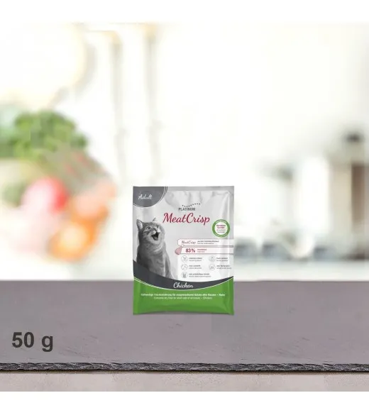 50 g PLATINUM MeatCrisp foderprøve Adult Chicken kattemad Kattemad fra PLATINUM som din kat vil elske. For første gang har en Fr 50 g PLATINUM MeatCrisp foderprøve Adult Chicken kattemad Kattemad fra PLATINUM som din kat vil elske. For første gang har en Fr