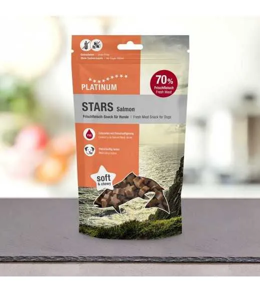 PLATINUM Stars Salmon godbidder 185 gram PLATINUM STARS Salmon er saftige kødfulde godbidder til hunde – perfekte til træning og PLATINUM Stars Salmon godbidder 185 gram PLATINUM STARS Salmon er saftige kødfulde godbidder til hunde – perfekte til træning og