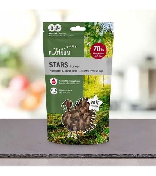 20 x PLATINUM Stars Turkey godbidder 185 gram PLATINUM STARS Kalkun er&nbsp;saftige kødfulde godbidder&nbsp;til hunde&nbsp;– perfekte til træni