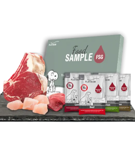 Prøve pakke med foderprøver + Brochure 4 x 50 gram smagsprøve på PLATINUM Hundefoder samt en brochure. PLATINUM