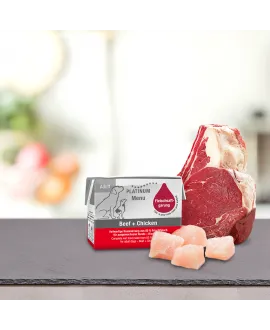 1/1 karton Lille PLATINUM Menu Oksekød og Kylling 12 x 90 gram PLATINUM MENU Oksekød og Kylling&nbsp;indeholder kun ingredienser af h