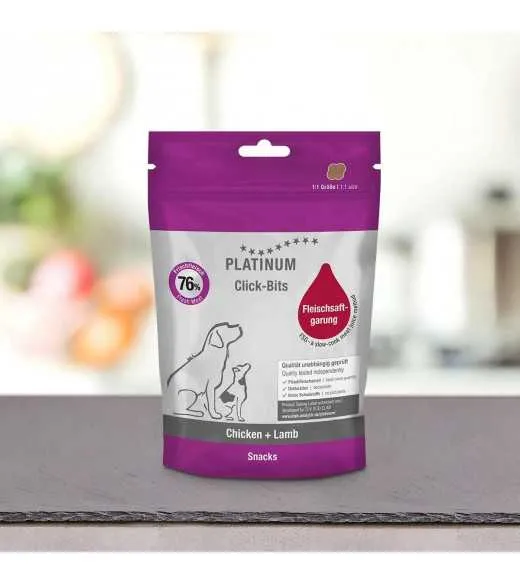 Kylling og Lam - PLATINUM Click-Bits - 150 gram - Bløde og sunde godbidder PLATINUM små godbidder af det bedste fra frisk slagte Kylling og Lam - PLATINUM Click-Bits - 150 gram - Bløde og sunde godbidder PLATINUM små godbidder af det bedste fra frisk slagte