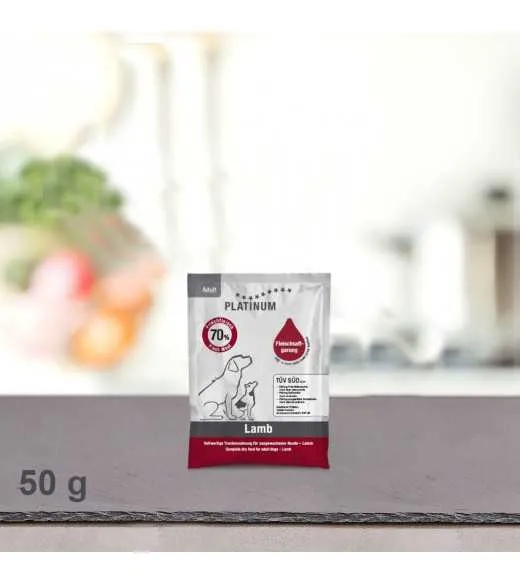 50 gram PLATINUM Lam Voksen hundefoder foderprøve PLATINUM 50 gram PLATINUM Lam Voksen hundefoder foderprøve PLATINUM