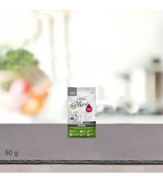 50 gram PLATINUM Mini Kylling voksen foderprøve PLATINUM 50 gram PLATINUM Mini Kylling voksen foderprøve PLATINUM
